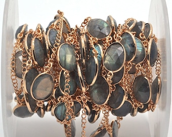 One foot Labradorite connector chain, 10x14mm oval gold plated bezel connectors link chain (GPLB-20006)