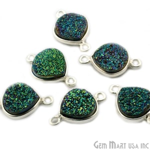 Natural Green Druzy, Bezel Heart Shape Connector, 10mm Heart Silver Plated, Double Bail 1pc GemMartUSA (ZG-11169)