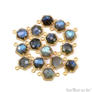 May include: A collection of 14 gold-toned, faceted labradorite gemstone connector charms. Each charm features a hexagonal shape with a clear crystal border and two gold-toned loops on the sides.