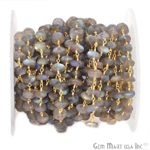 Beautiful Labradorite, 5-6mm 24k Gold Plated wire wrapped Rosary Chain by foot GemMartUSA (GPLB-30038)