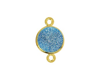 Light Blue Rough Druzy Round Shape Connector, 10mm 24k Gold Plated Double Bail Connector GemMartUSA (LZ-11155)