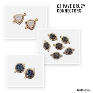 May include: A set of gold-tone connectors with a pave setting of clear, black, and blue druzy stones. The connectors are in the shape of a triangle and oval. CZ Pave Druzy Connectors.