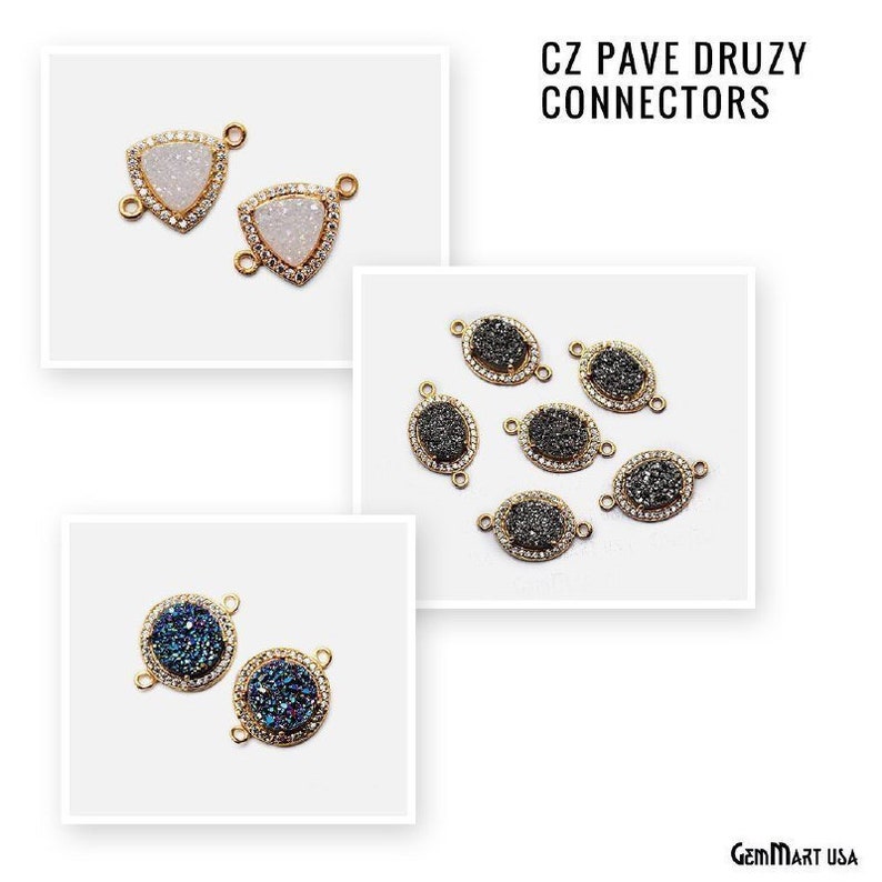 May include: A set of gold-tone connectors with a pave setting of clear, black, and blue druzy stones. The connectors are in the shape of a triangle and oval. CZ Pave Druzy Connectors.
