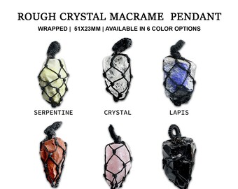 May include: Six different rough crystal macrame pendants, each wrapped in black macrame cord and hanging from a black cord. The crystals are: serpentine, crystal, lapis lazuli, red coral, rose quartz, and black onyx.