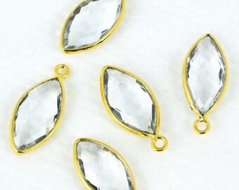 Natural Crystal, Bezel Marquise Shape Connector, 8x16mm Marquise 24k Gold Plated, Single Bail 1pc. (CL-10075)