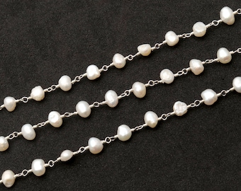 Freshwater Pearl Rosary Chain, Free Form Beads, 5-6mm Silver Plated Rosary, Handmade Rosary Chain, GemMartUSA (SPPR-30165)