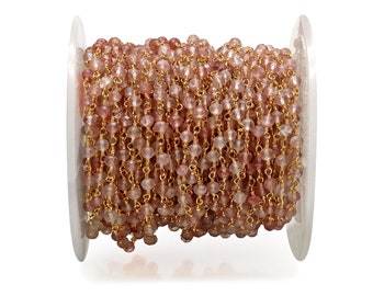 Beau quartz fraise, 3-3,5 mm, plaqué or 24 carats, chaîne de chapelet enroulée par pied GemMartUSA (30002)