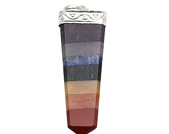 DIY 7 Chakra Healing Pendant, Flat Point Pendant, Healing Crystal, Chakra Jewelry, Gemstone Terminated Pendant, Silver Cap (SP7C-14016)