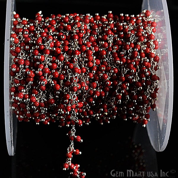 Red Coral Cluster beads rosary chain, 2-2.5mm Silver Plated wire wrapped link Stone rosary Chain GemMartUSA (SPCR-30019)