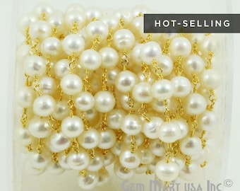 Fresh Water White Pearls , 7mm 24k Gold Plated wire wrapped Rosary Chain by foot GemMartUSA (GPPR-30004)