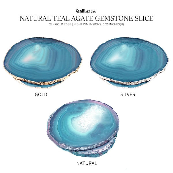 Teal Natural Gemstone Coaster, Agate Slice Coaster, Rock & Crystal Coaster, Organic/Silver/Gold Plated Drinkware (TLCO)