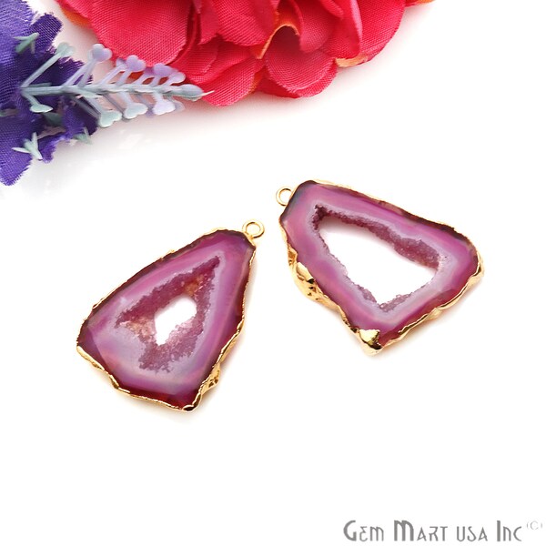 Agate Slice Earring Supplies, DIY Pink Geode Earring, Gold Electroplated, Boho Gemstone Earring, Earring Making Connector (DPER-90909)