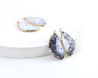 Dendrite Opal D-Shape Earring, Gold Plated Smooth Slab Slice Thick Gemstone Connector, DIY Birthstone Charm, 30x17mm, GemMartUSA, DO-90004