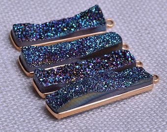 Green druzy connector, 29x7mm Rectangle shape gold plated single bail pendant 1pc. (ZG-11239)