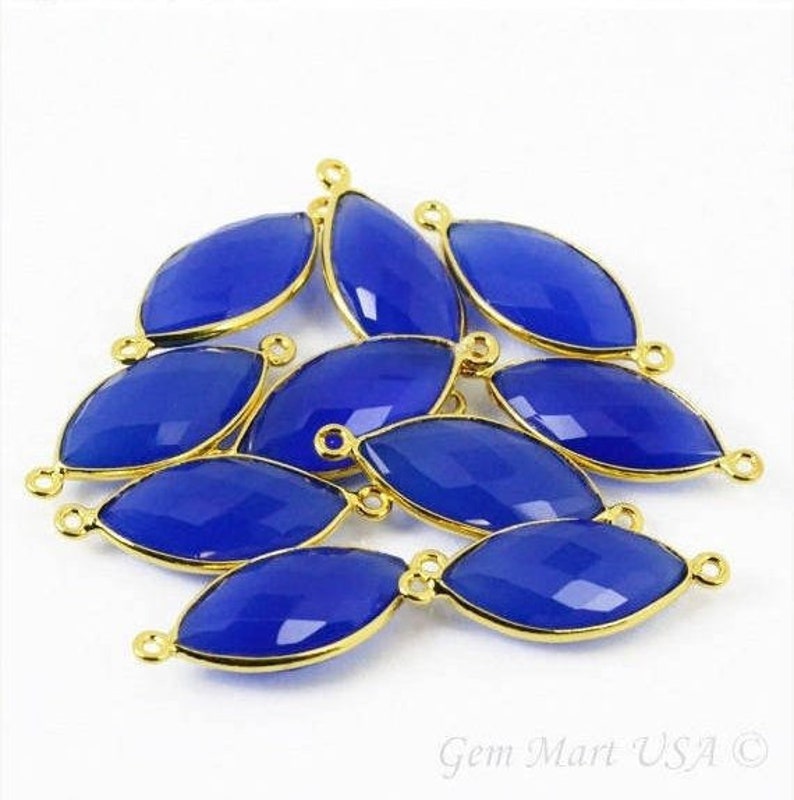 Bezel Marquise Shape Connector 10x20mm Marquise 24K Gold Plated,Double Bail GemMartUsa Natural Blue Chalcedony Bc-10140