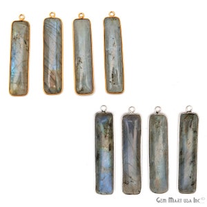 May include: Set of ten labradorite gemstone pendants, five with gold-tone settings and five with silver-tone settings. Each pendant is a rectangular bar shape.