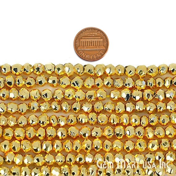 Golden Pyrite Rondelle Beads, Natural, Meditation Bracelet,  Mardi Gras, 3-4mm 12.5" Length GemMartUSA (rlgp-70002)