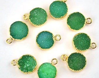22k Gold Electroplated Light Green Druzy Connector, 10mm Round Shape Druzy Gemstone Connector Pendant 1pc (LEG-11089)