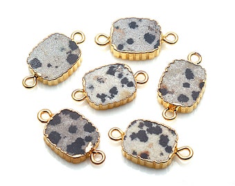 Octagon Connector, Dalmatian Jasper, 24k Gold, Gold Plated, Gold Bail, Electroplated, 10x12mm, Zig-Zag Double Bail, GemMartUSA (DZJ-10142)