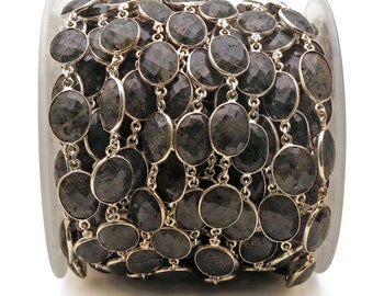 Rutiliated Fancy Cut Oval Shape Stone Connector Chain, Silver Plated Bezel connectors Chain by foot, 11x9MM (SPRU-20010)