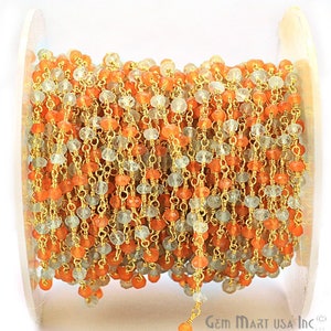 Carnelian with Crystal, 3-3.5mm Beads 24K Gold Plated Wire Wrapped Rosary Chain for Making Jewelry (30058)
