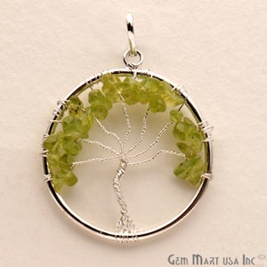 Peridot Tree Of Life Pendant, 44x39mm Round Silver Plated Healing Pendant, Peridot Gemstone Wire Wrapped Tree Pendant, GemMartUSA, TOL-50057