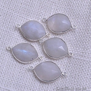 Rainbow moonstone bezel connector, 14x18mm Marquise shape silver plated double bail link connector 1pc. (RM-10229)