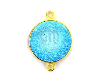 Natural Light Blue Druzy ,Bezel Round Shape Station Connector,14mm Round 24K Gold Plated,Double Bail 1pc, GemMartUSA (LZ-11157)