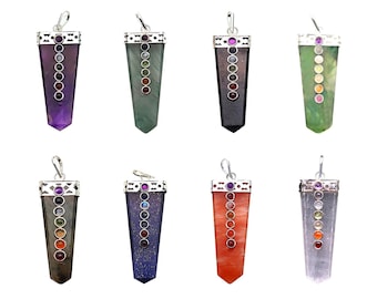 DIY Flat Healing Pendant, 7 Chakra Point Pendant, Healing Crystal, Chakra Jewelry, Terminated Pendant, Silver Bail, Gemstone Charm (14016)