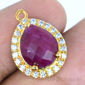 Ruby Gemstone Necklace Pendant, 10x12mm Pear Shape Pave Bezel Connector, Pear 24K Gold Plated Connector, GemMartUSA, GPRB-40003