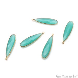 Aqua Chalcedony Faceted Pears Bezel Charm, 44x11mm Tiny Gold Plated, Gemstone Link Connector, Bulk Lot Jewelry Making Supply, AD-10318