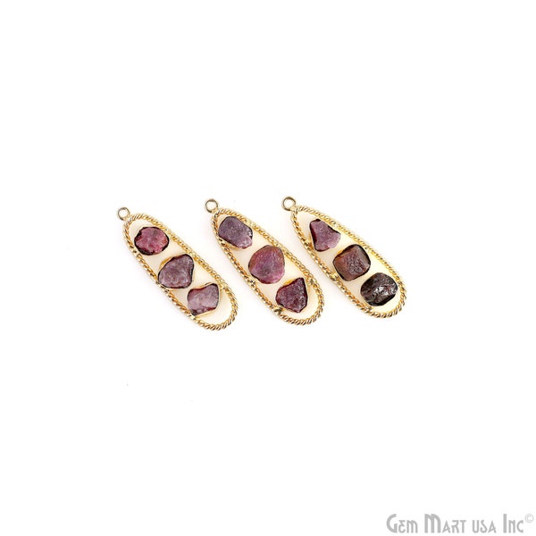 Ruby Rough Gemstone Free Form, Oval Gold-Plated Twisted Bezel setting, DIY Earring Pendant Connector, 44x16mm, GemMartUSA, GPRB-50782