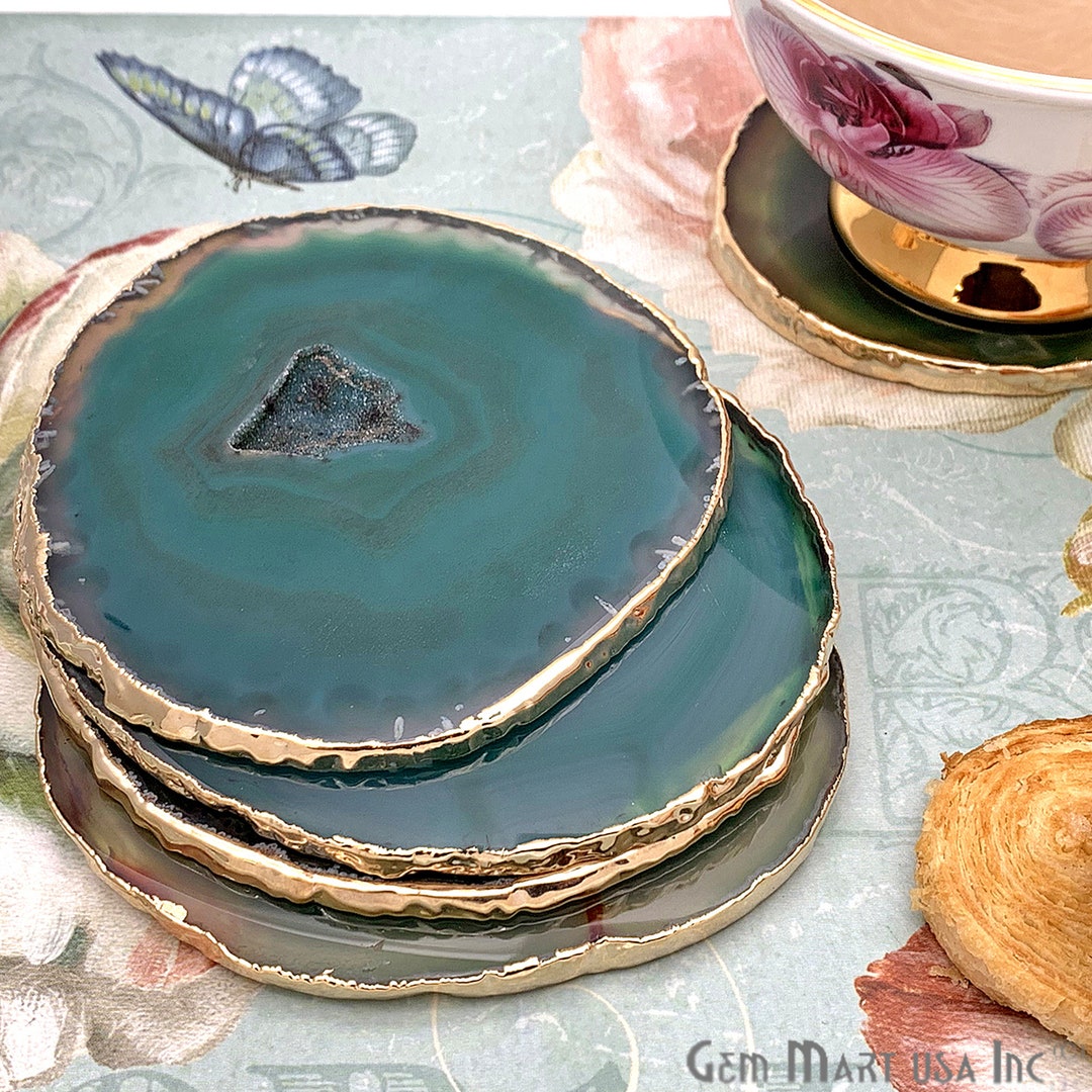 Green Gemstone Coaster, Agate Coaster Set, Drinkware, Gold Electroplated, Rock Coaster, Agate ...