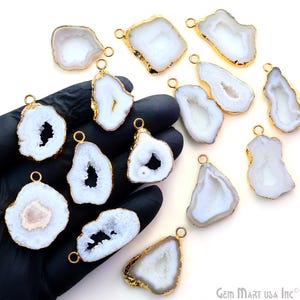 White Natural Agate Pendant, Natural Geode Slice Necklace Charm, Boho Crystal Slice Pendant, Single Bail, Gold Plated, GemMartUSA (DP)