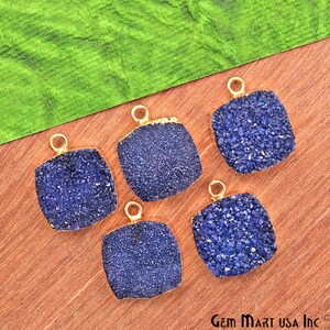Electro Blue Druzy Connectors, Drop Pendants, Single Bail, Gold Electroplated, DIY Pendants, 15MM Cushion, GemMartUSA (BEZ-11317)