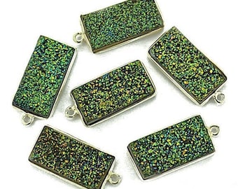 Natural Green Druzy, Bezel Octagon Shape Connector, 10x20mm Octagon Silver Plated, Single  Bail 1pc (ZG-11216)