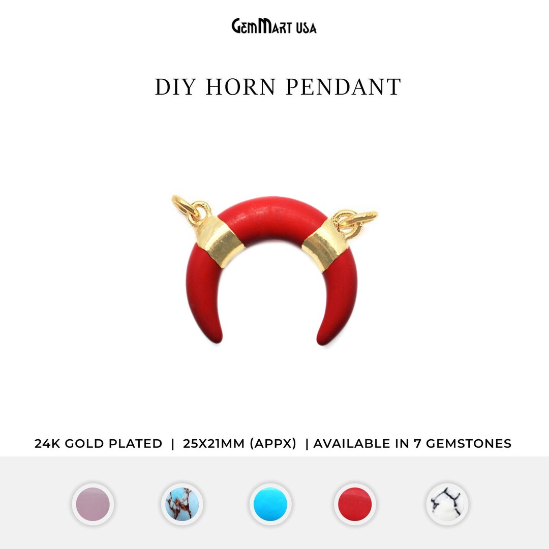 Horn Pendant, Double Horn Pendant, Stone Pendant, Horn Gold Plated