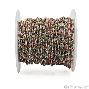 Unakite Beaded Rosary Chain, Round Beads, Silver Plated Rosary Chain, Unakite Gemstones, Connector Chain, DIY Jewelry 3-3.5MM, SPUN-30002