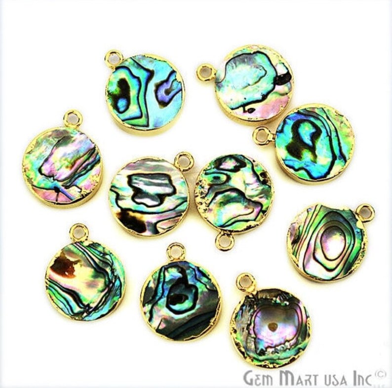 22k Gold Electroplated Abalone, 14mm Round Single Bail Gemstone Charms ...