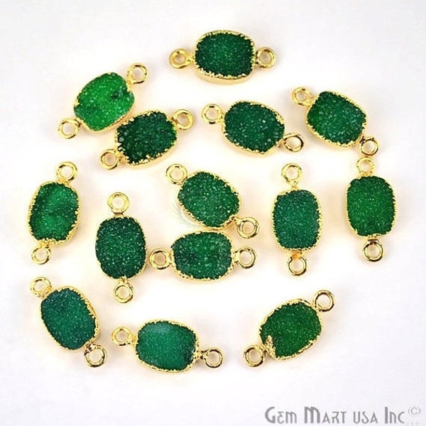 22k Gold Electroplated Green Druzy Connector, 8x10mm Octagon Shape Druzy Gemstone Connector Pendant 1pc (ZEG-11145)