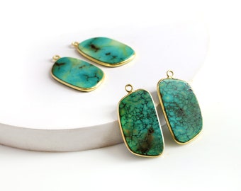 Natural Turquoise Free Form Earring, Gold Plated Smooth Slab Slice Thick Gemstone Connector, Birthstone Charm, 29x17mm, GemMartUSA, TJ-90007