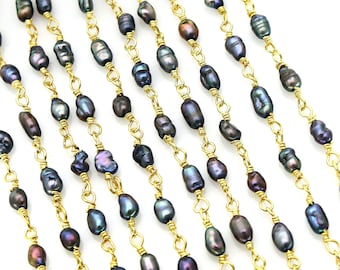 Black Pearl Beads Chain, 4x3mm Oval Black Pearl Gemstone, Gold Plated Rosary Chain, GemMartUSA, GPPB-30206