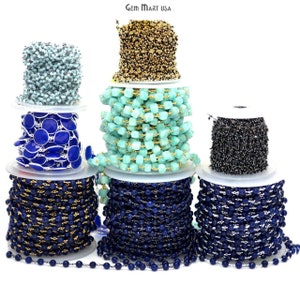 May include: Spools of various gemstone and metal chain, including blue, turquoise, and gold. Gem Mart USA is printed on the top of the image.