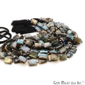 May include: A strand of dark gray labradorite gemstone beads with a silver-toned metal spacer between each bead. The beads are faceted and have a rectangular shape. The strand is approximately 18 inches long and is finished with a black tassel.