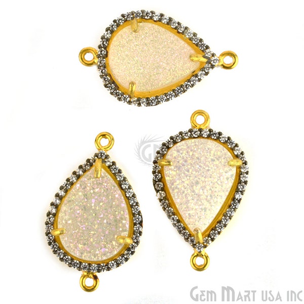 White Druzy 14x25mm Rhine Stone Cubic Zircon Pave Station Connector, 12x16mm Pears, 24K Gold Black Plated, Double Bail. (BPWZ-40004)