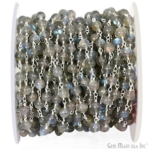 May include: A spool of silver chain with grey labradorite beads. The chain is strung with round beads that have a shimmery, iridescent finish.