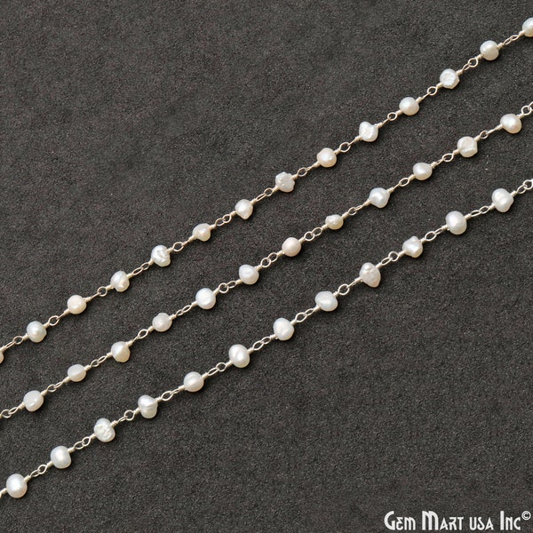 Freshwater Pearl Free Form Beads 4-5mm Silver Plated Wire Wrapped Rosary Chain, GemmartUSA SPPR-30090