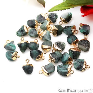 Emerald Natural Raw Nugget Crystal Pendant, Rough Gemstone, Gold Electroplated, Bulk Lot Charms for Jewelry Making Supplies, GPEM-50470