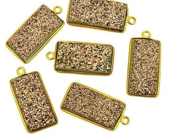 Natural Rose Druzy, Bezel Octagon Shape Connector, 10x20mm Octagon 24k Gold Plated Single Bail 1pc (RZ-11215)
