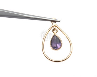 Amethyst Dangle Hoop Pendant, Gold Plated, Gold Earring Charms, Single Bail, Pendant Connector, Size 25x15mm (GPHA-50404)